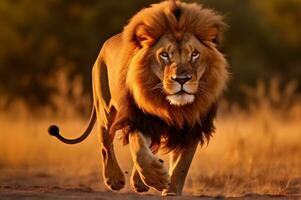 adulte Masculin Lion fonctionnement dans le africain savane pendant le d'or heure de le journée. ai généré photo