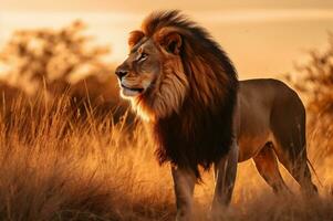 adulte Masculin Lion permanent dans le africain savane pendant le d'or heure de le journée. ai généré photo