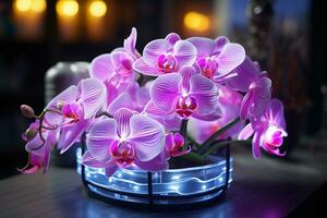 génératif ai image de magnifique rose orchidée fleur dans pot avec néon éclairage photo