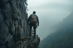 retour vue de une homme escalade une falaise extrême dans épais brumeux du froid temps ai génératif photo