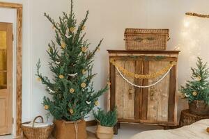 confortable intérieur décoré pour Noël dans scandinave style. vivre sapin des arbres décoré avec Naturel ornements fabriqué de séché des oranges photo