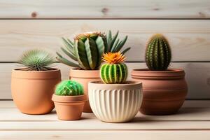 beaucoup de cactus dans argile des pots sur une blanc en bois tableau. une photo dans une lumière clé. génératif ai.