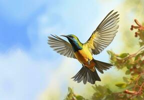 olive soutenu souimanga, Jaune ventre sunbird en volant dans le brillant ciel. génératif ai photo