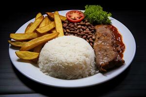 riz, haricots, français frites, et Viande. génératif ai photo