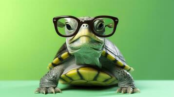 une mignonne peu vert tortue avec lunettes, produire ai photo