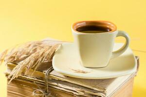 une tasse de café sur vieux livres et sec oreilles de blé dans Jaune et dur lumière. bien-être, harmonie, l'inclusivité. copie espace photo