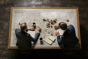 Haut vue de deux les hommes d'affaires séance à table avec carte et café tasses, affaires discussion sur une travail tableau, Haut section tondu, non visible visages, non main déformations, ai généré photo