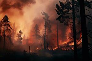 forêt Feu dans le forêt. Naturel catastrophe. Feu dans le forêt. brûlant forêt, Feu et fumée dans le soir. conceptuel image, ai généré photo