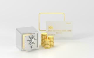 sûr boîte et or pièces de monnaie avec blanc arrière-plan, 3d le rendu. photo
