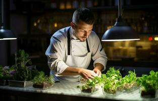 une Masculin chef est ajouter certains herbes comme une garnir à une plat dans une commercial cuisine, en dessous de une brillant lumière. photo