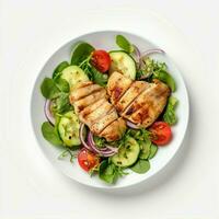 en bonne santé céto le déjeuner concept poulet filet avec salade, Haut vue sur blanc Contexte. photo
