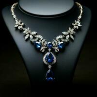 diamants avec le foncé bleu saphir Collier sur une noir Contexte. photo