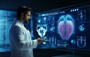 cardiologues utilisation virtuel les interfaces à examiner cœur une fonction et diagnostiquer cardiovasculaire troubles et maladies. photo