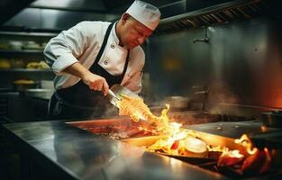 dans le ouvert cuisine de le restaurant, une qualifié chef est en train de préparer une délicieux flambé Saumon filet. photo