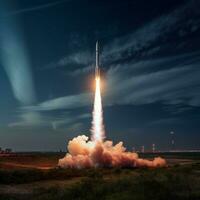 une espace fusée est lancé dans le nuit ciel. photo