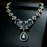 diamants avec le foncé bleu saphir Collier sur une noir Contexte. photo