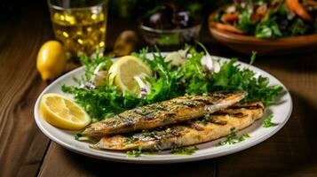 grillé sardines avec salade, pain et pomme de terre, le Portugal luxe Contexte photo