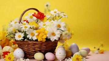 Pâques des œufs et printemps fleurs dans une panier sur une table plus de Jaune Contexte. excellent rotation magnifique coloré des œufs décoré et peint. photo