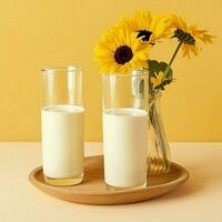 deux verre de Lait avec fleur sur une en bois table dans une Jaune arrière-plan, nutritif et en bonne santé laitier des produits concept photo