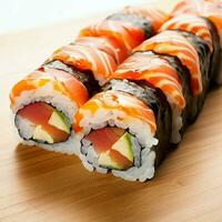 Japonais impressionnant nourriture Sushi rouleau maki de Saumon et Avocat. photo