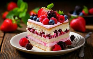 délicieux framboise gâteau avec Frais des fraises, framboises, myrtilles, groseilles, et pistaches sur en bois Contexte génératif ai photo