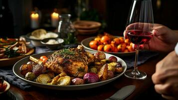 du père Pour des hommes mains Couper Viande de le cuisse de poulet cuit poulet avec légumes, tandis que tintement des lunettes de du vin dans le Contexte. photo