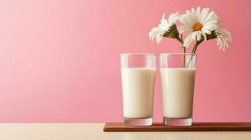 deux verre de Lait avec fleur sur une en bois table dans une rose arrière-plan, nutritif et en bonne santé laitier des produits concept. photo