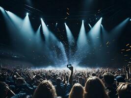 foule à une concert avec mains en haut. scène étape lumières, Roche festival. photo