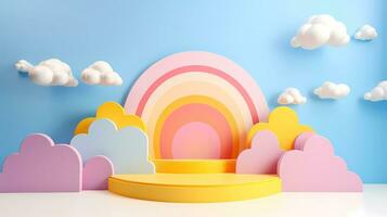 3d le rendu podium enfant style, coloré arrière-plan, des nuages et temps avec vide espace pour des gamins ou bébé produit. brillant couleurs. photo