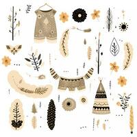 ensemble d'objets bébé boho mignons dans un style scandinave. dessin animé doodle enfants clipart pour carte d'invitation de douche de bébé, décor de chambre de bébé, affiche. photo