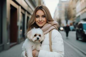 fille dans une blanc veste en marchant vers le bas le rue avec une chien dans sa bras photo