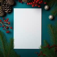 blanc papier sur Noël Contexte couvert par sapin branches avec rouge photo