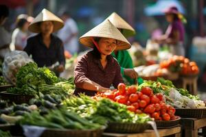 vue de vendeurs vente Frais nourriture dans traditionnel marché photo