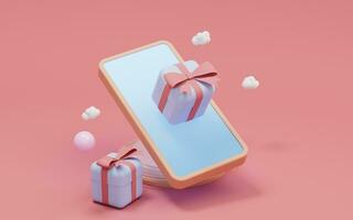 mobile téléphone et cadeaux avec rose arrière-plan, 3d le rendu. photo