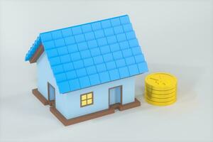 le petit maison modèle à côté de le d'or pièces de monnaie, 3d le rendu. photo