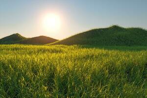 herbe champ et montagnes avec brillant arrière-plan, 3d le rendu. photo