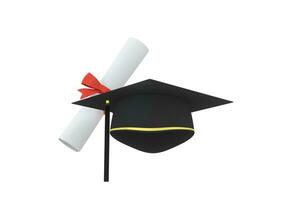 diplômé chapeau avec diplôme de côté sur blanc arrière-plan, 3d le rendu. photo