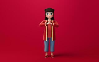 une chinois fille avec rouge arrière-plan, dessin animé personnage, 3d le rendu. photo