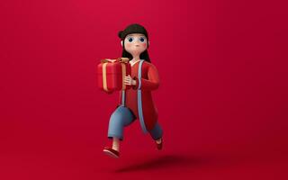 une chinois fille et cadeaux avec rouge arrière-plan, 3d le rendu. photo