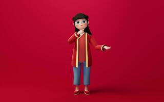 une chinois fille avec rouge arrière-plan, dessin animé personnage, 3d le rendu. photo