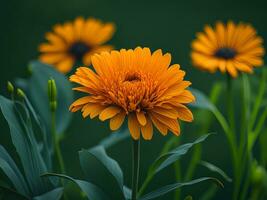 une vibrant calendula fleur dans plein floraison, avec ses pétales déployé en dessous de le chaud lumière du soleil. photo