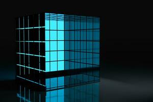 néon et verre carrés avec foncé arrière-plan, 3d le rendu. photo