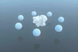 des balles et des nuages flottant sur le lac, paisible scène, 3d le rendu. photo