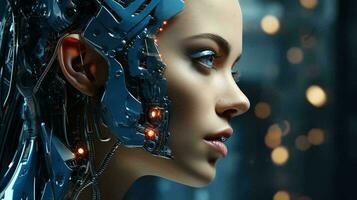 robot femme visage futuriste numérique avec métallique détails photo