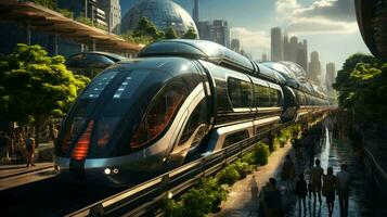 haute vitesse train sur le Contexte de une futuriste ville photo