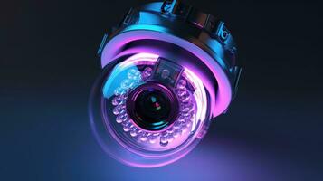 vidéosurveillance caméra sur foncé Contexte avec néon lumières photo