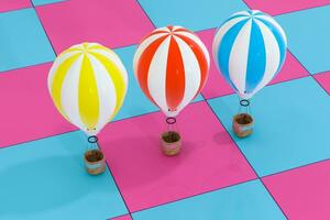 plusieurs air chaud ballon avec coloré arrière-plan, 3d le rendu. photo