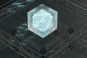 brillant métal cadre, une transparent suspendu cube, 3d le rendu. photo