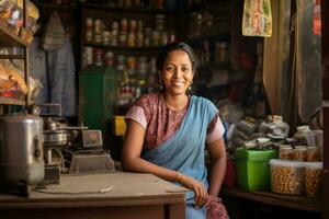 Indien femme comme commerçant dans sa petit coin boutique, ai génératif photo
