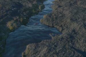 le rivière entre le montagnes dans une ensoleillé jour, 3d le rendu photo